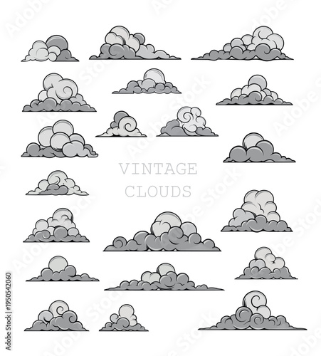 Vintage cloud vector set, collection of hand drawn clouds in engraving style