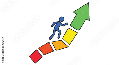 Stick figure running up a colorful ascending arrow staircase high quality