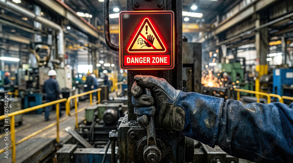 custom made wallpaper toronto digitalDanger zone warning sign in industrial factory with worker hand wearing protective glove operating machinery, sparks flying in background creating intense atmosphere