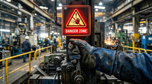 Wallpaper Mural Danger zone warning sign in industrial factory with worker hand wearing protective glove operating machinery, sparks flying in background creating intense atmosphere Torontodigital.ca