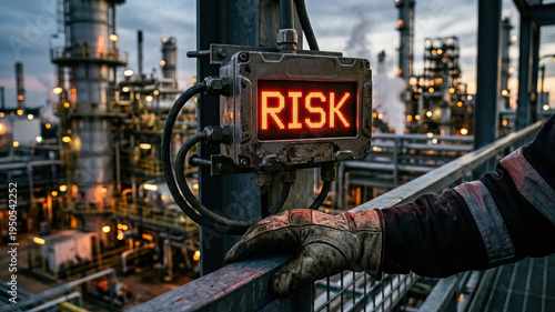 Wallpaper Mural Risk warning sign illuminated in industrial refinery with worker wearing protective glove, highlighting safety concern in hazardous environment Torontodigital.ca
