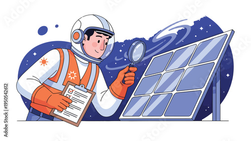 Astronaut Inspecting Solar Panel: An astronaut meticulously examines a solar panel with a magnifying glass, focusing on clean energy and space exploration.