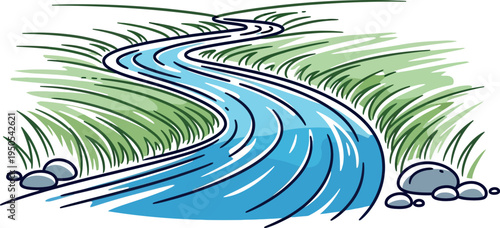 Stylized illustration depicts a winding blue river flowing through lush green grassy banks under an open white sky.