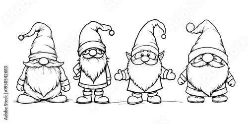Four cartoon Christmas gnomes with long beards and pointy hats drawn in sketch style on a white background, concept of festive holiday characters