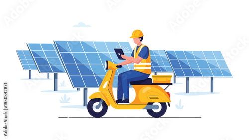 Solar Panel Technician on Scooter: A technician, equipped with a tablet, navigates a scooter in front of a array of solar panels, embodying the promise of clean energy and technological advancement.
