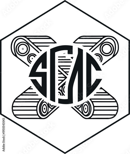 A modern abstract geometric logo design featuring a stylized industrial emblem with intricate mechanical elements, all enclosed within a sleek hexagonal frame.