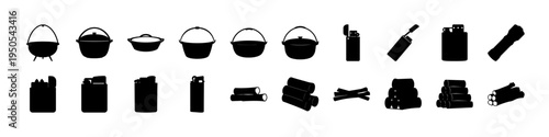 Kitchen Containers and Food Storage Silhouette Icon Set - Black silhouettes of bowls, jars, bottles, bags, and food storage containers arranged as a simple kitchen storage and packaging icon collectio