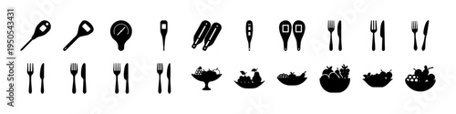 Dining Utensils and Food Bowl Silhouette Icon Set - Black silhouettes of spoons, forks, scissors, and food bowls forming a simple kitchen utensil and dining icon collection.