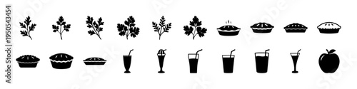 Fresh Vegetables and Drinks Silhouette Icon Set - Black silhouettes of fresh vegetables, pies, drinks, and healthy food items arranged as a simple grocery and nutrition icon collection.