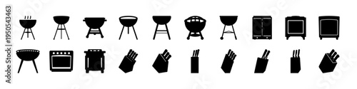 Barbecue Grill and Oven Appliance Silhouette Icon Set - Black silhouettes of barbecue grills, kitchen ovens, and cooking appliances arranged as an icon collection for outdoor grilling and kitchen equi