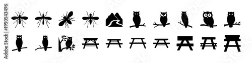 Garden Insects and Outdoor Bench Silhouette Icon Set - Black silhouettes of garden insects, flies, bees, benches, and outdoor furniture arranged as a simple nature and park icon collection.
