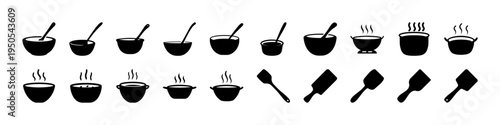 Cooking Bowls and Kitchen Utensil Silhouette Icon Set - Black silhouettes of mixing bowls, steam bowls, ladles, and kitchen utensils arranged as a cooking and food preparation icon collection.