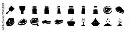 Food and Restaurant Item Silhouette Icon Set -Black silhouettes of various food items including meat, cheese, desserts, drinks, and kitchen elements arranged as a restaurant and food icon set. 