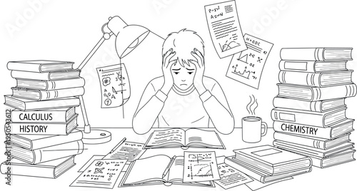 An overwhelmed student sits at a cluttered desk surrounded by numerous thick textbooks and scattered study notes under a bright lamp