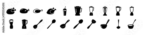 Cocktail and Drink Glass Silhouette Icon Set - Black silhouettes of cocktails, wine glasses, mugs, and drink utensils forming a beverage icon collection for bars, restaurants, and drink menus.