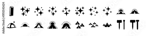 Camping Icons with Tents Stars and Tools - Black silhouette icons of camping elements including tents, stars, tools, and outdoor symbols, suitable for adventure, hiking, and nature themed graphics.