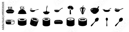 Cooking Pots and Kitchen Utensils Silhouette Icon Set - Black silhouettes of cooking pots, pans, ladles, and kitchen utensils arranged as an icon collection for culinary, restaurant, and food preparat