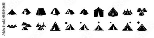 Camping Tents and Outdoor Shelter Silhouette Icon Set - Black silhouettes of various camping tents, cabins, and outdoor shelters arranged as an icon set for hiking, adventure travel, and campsite grap