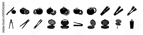 Gardening Tools and Potted Plants Silhouette Icon Set - Black silhouettes of gardening tools, watering cans, vegetables, and potted plants, ideal for garden themes, farming graphics, landscaping, and 