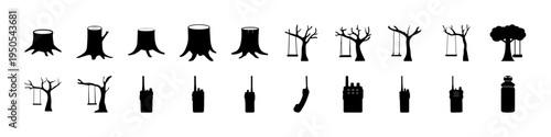 Tree Stump and Forest Tree Silhouette Icon Set - Black silhouettes of trees and cut tree stumps showing forest elements and logging stages, useful for nature, forestry, deforestation, and environmenta