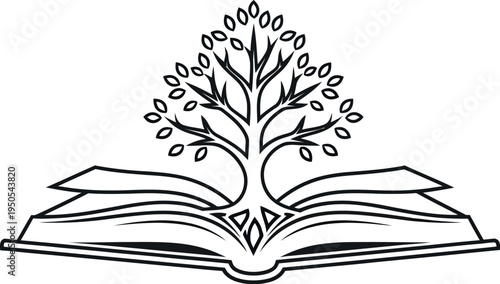 Minimalist black and white line art logo depicting a stylized tree growing from the center crease of an open book symbolizing knowledge and growth.