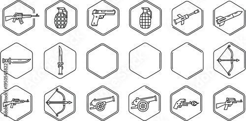 Collection of black outline military and combat weapon icons displayed within hexagonal shapes on a white background