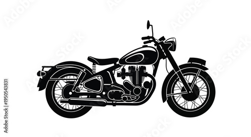 A striking black silhouette depicts a classic vintage motorcycle showcasing its rounded form and detailed mechanical elements high quality