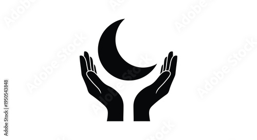A striking black silhouette depicts two cupped hands gently supporting a crescent moon above them high quality professional detailed