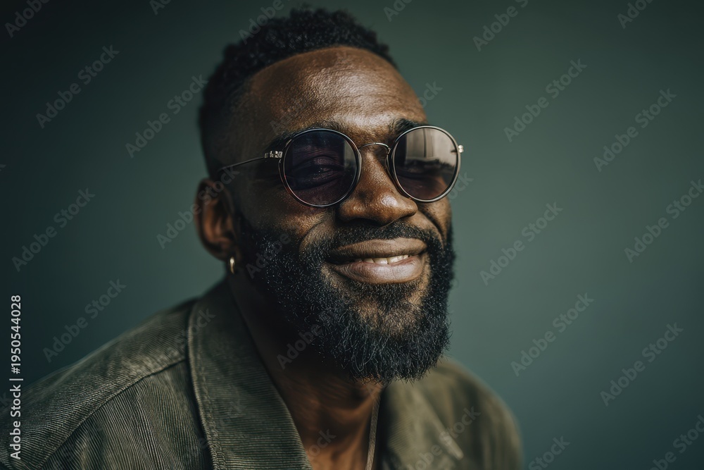 Fototapeta premium Confident African American man portrait with beard and green attire against a green backdrop