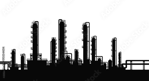 A stark silhouette depicts an industrial complex featuring multiple towers and connecting pipelines against a bright white background