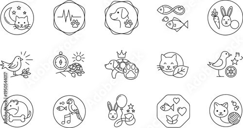 Collection of fifteen black and white line art icons representing various common domestic pets and related concepts for veterinary services or pet care.