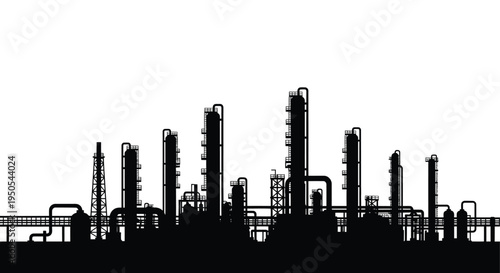 A stark silhouetted cityscape of an industrial complex featuring numerous refinery towers and connecting pipelines high quality professional detailed