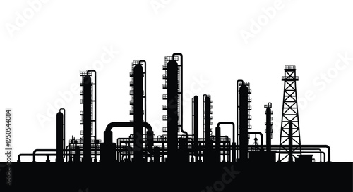 A stark silhouette depicts a complex industrial refinery against a bright clean white background showcasing vertical structures high quality