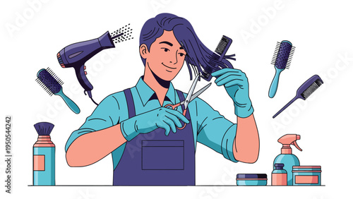 Hair stylist's craft: A skillful hair stylist meticulously trims and styles hair in a modern salon setting, surrounded by essential tools of the trade.