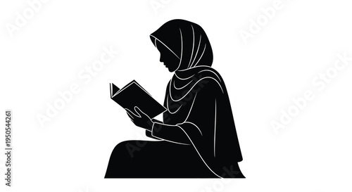 A striking black silhouette depicts a woman in traditional islamic attire reading an open book with devotion high quality