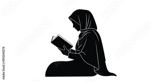 A minimalist black silhouette depicts a woman wearing a hijab deeply engrossed in reading a book high quality professional