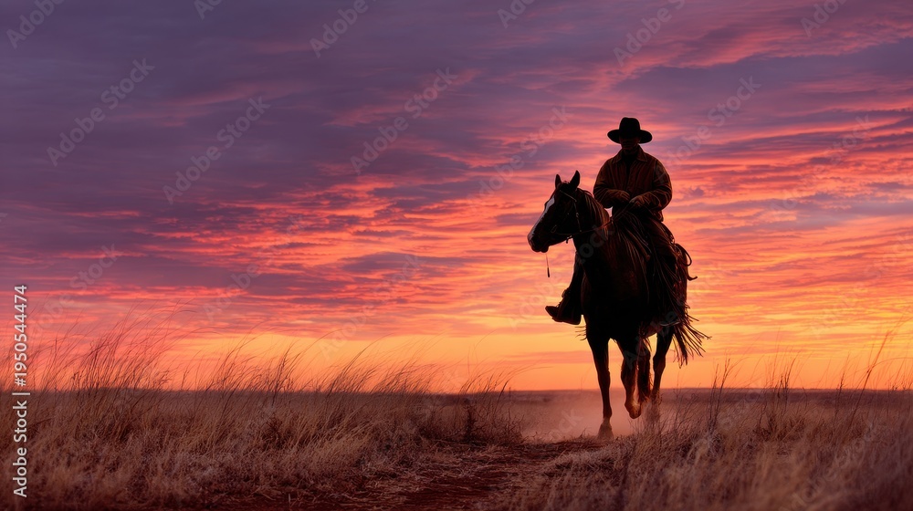 Fototapeta premium Horizon glow: lone cowboy silhouette riding into sunset
