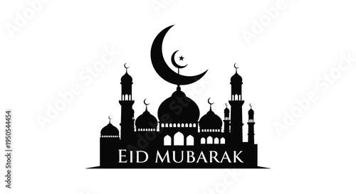 A striking black silhouette depicts a mosque with crescent moon and stars celebrating the eid mubarak holiday high quality