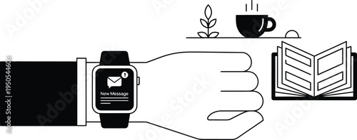 hand with smartwatch reading book and drinking coffee