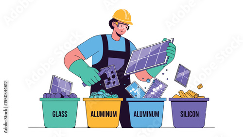 Eco-conscious Recycling: A diligent worker separates components of solar panels for efficient recycling, embodying commitment to the environment and sustainable energy solutions.