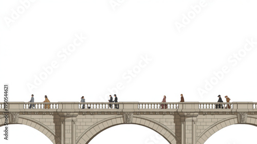 People walking on a stone bridge with arches architectural illustration for travel and urban concepts isolated on white
