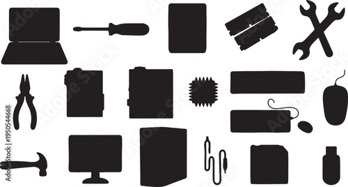 Isometric office and construction tools set with helmets and robotic arm