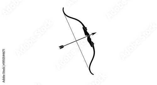 A stark black and white illustration depicts a recurve bow with a nocked arrow poised for potential action and precision