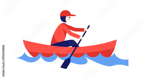 man rowing red canoe on calm water flat design vector illustration