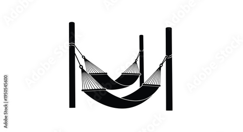 A minimalist black and white illustration depicts two hammocks suspended between sturdy dark vertical posts suggesting relaxation high quality