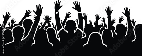 silhouette crowd raising hands up