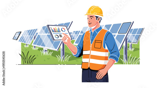 Solar Panel Technician at Work: An engineering professional inspects an array of solar panels using a digital tablet, ensuring efficient energy generation and sustainable power production.