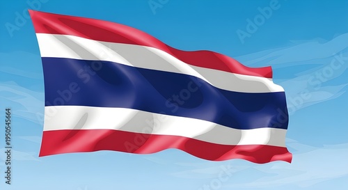 Thai flag waving in blue sky with wispy clouds