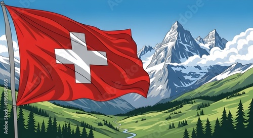 Swiss flag waving in front of majestic Swiss Alps mountains landscape