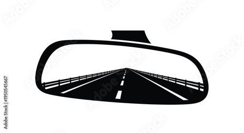 A stark black and white illustration depicts a road viewed through a car s rear view mirror frame high quality professional detailed modern